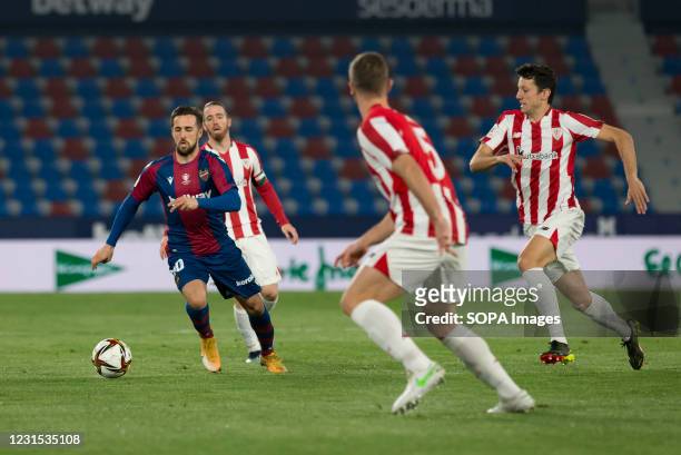 Jorge Miramon of Levante UD and Alejandro Berenguer Remiro, Iker Muniain, Yeray Alvarez of Athletic Bilbao Club in action during the Spanish Copa del...