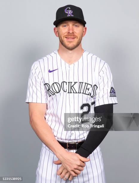 Trevor Story of the Colorado Rockies poses during Photo Day on Thursday, February 25, 2021 at Salt River Fields at Talking Stick in Scottsdale,...