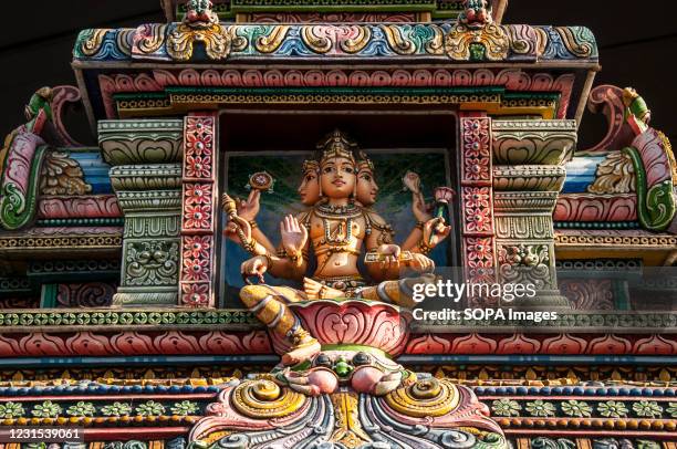 Lord brahma sculpture seen at the temple. Built in 1879 by Vaithi Padayatchi, a Tamil Hindu immigrant. Sri Mahamariamman Temple also known as Maha...