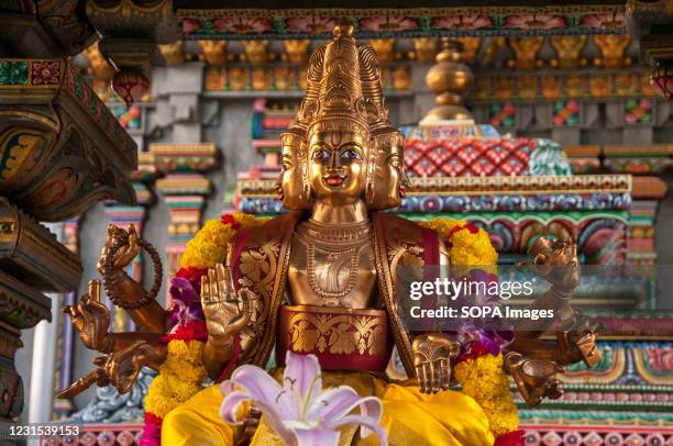 Lord brahma sculpture seen at the temple. Built in 1879 by Vaithi Padayatchi, a Tamil Hindu immigrant. Sri Mahamariamman Temple also known as Maha...