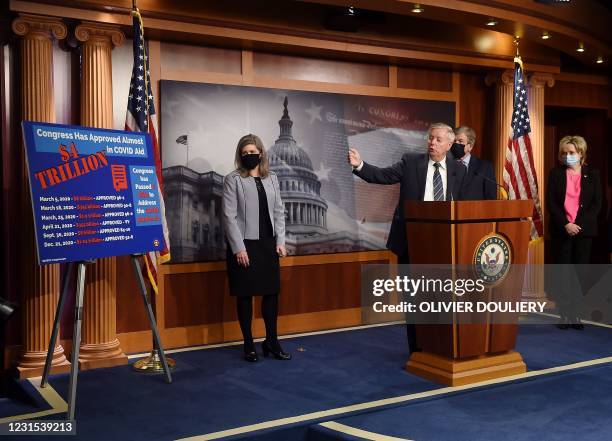 Senator Lindsey Graham , with other Republican senators, speaks during a news conference as the Senate continues to debate the latest Covid-19 relief...