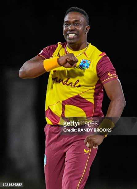 Dwayne Bravo of West Indies celebrates the dismissal of Danushka Gunathilaka of Sri Lanka during the 2nd T20i match between Sri Lanka and West Indies...