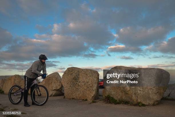 Alin-Ionut Milian during bike trials training session on the rocks surrounding the Shelley Banks parking lot in Poolberg, Dublin, during Level Five...