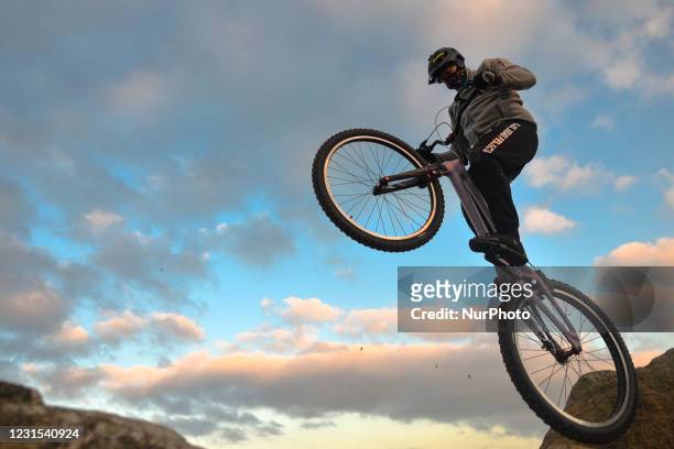 Alin-Ionut Milian during bike trials training session on the rocks surrounding the Shelley Banks parking lot in Poolberg, Dublin, during Level Five...