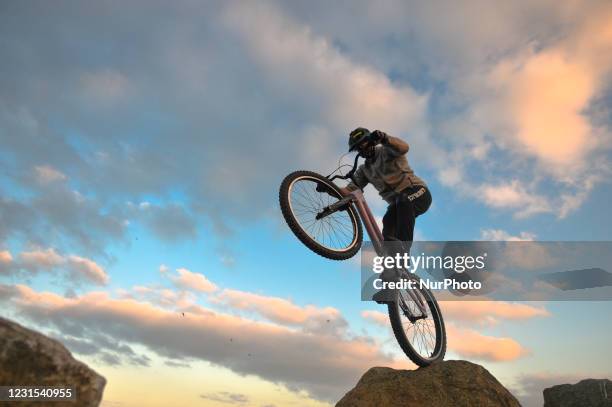 Alin-Ionut Milian during bike trials training session on the rocks surrounding the Shelley Banks parking lot in Poolberg, Dublin, during Level Five...