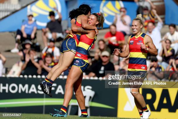 Rachelle Martin of the Crows celebrates a goal during the 2021 AFLW Round 06 match between the Adelaide Crows and the Gold Coast Suns at Norwood Oval...