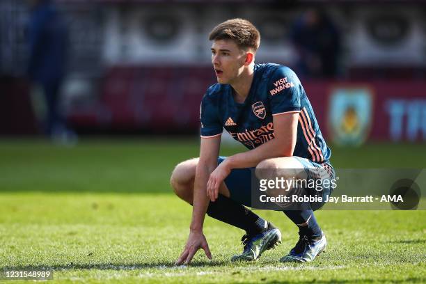 Dejected Kieran Tierney of Arsenal reacts at full time during the Premier League match between Burnley and Arsenal at Turf Moor on March 6, 2021 in...