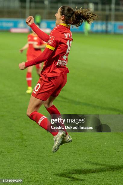 Milena Nokolic of TSV Bayer 04 Leverkusen celebrates after scoring his team's third goal during the Flyeralarm Frauen Bundesliga match between Bayer...