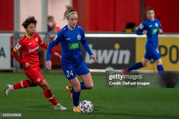 Karen Holmgaard of 1.FFC Turbine Potsdam controls the ball during the Flyeralarm Frauen Bundesliga match between Bayer 04 Leverkusen Women and 1. FFC...