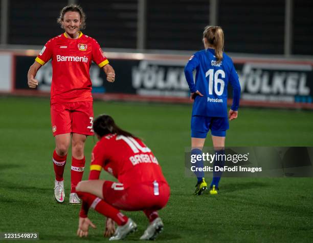 Verena Wieder of TSV Bayer 04 Leverkusen celebrate after winning after the Flyeralarm Frauen Bundesliga match between Bayer 04 Leverkusen Women and...