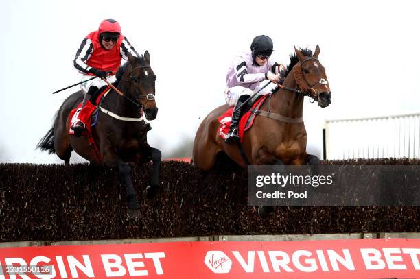 March 6: Getaway Trump ridden by Lorcan Williams clears a fence on their way to winning the Virgin Bet Handicap Chase at Doncaster Racecourse on...