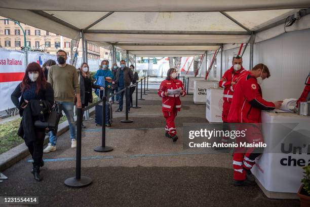 Healthcare workers wait to receive the AstraZeneca COVID-19 vaccine, as part of COVID-19 vaccination plan for people in the Lazio region, at the...