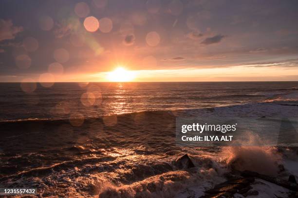 golden sunset at the black sea with waves and beautiful colors - backdrop projection of beach stock pictures, royalty-free photos & images