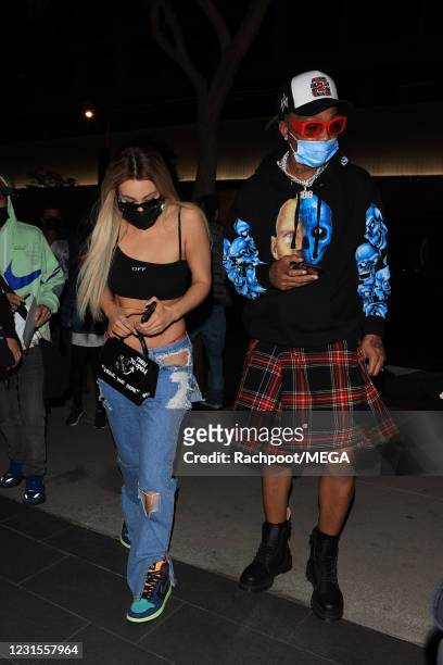 YouTube sensation Tana Mongeau wears an outrageous pair of jeans as she enjoys a night out at Boa on March 5, 2021 in Los Angeles, California.