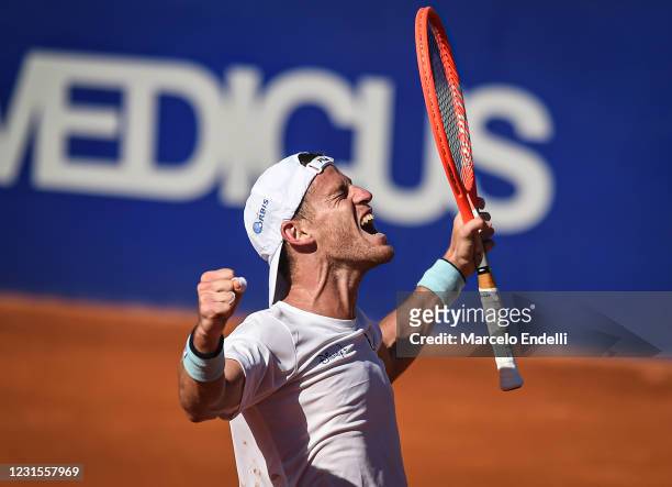 Diego Schwartzman of Argentina celebrates after winning the second semifinal match against Miomir Kecmanovic of Serbia during day 6 of ATP Buenos...
