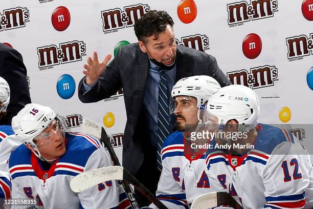 Head coach David Quinn of the New York Rangers speaks to his team during the first period after defeating the at Prudential Center on March 06, 2021...