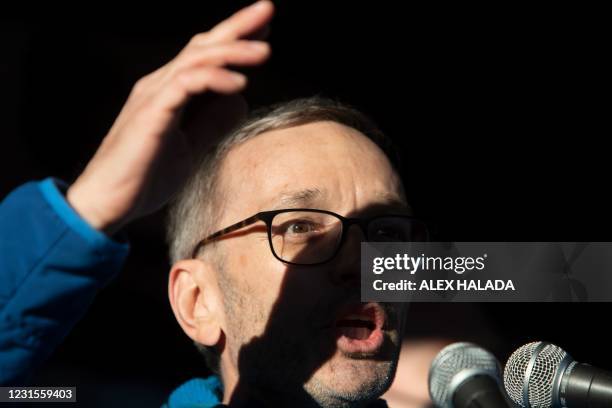 Herbert Kickl, parliamentary group leader of the far-right Freedom Party of Austria , speaks during a protest against the official coronavirus...