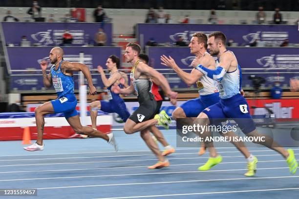 Italy's Lamont Marcell Jacobs runs to win the men's 60m final at the 2021 European Athletics Indoor Championships in Torun on March 6, 2021.