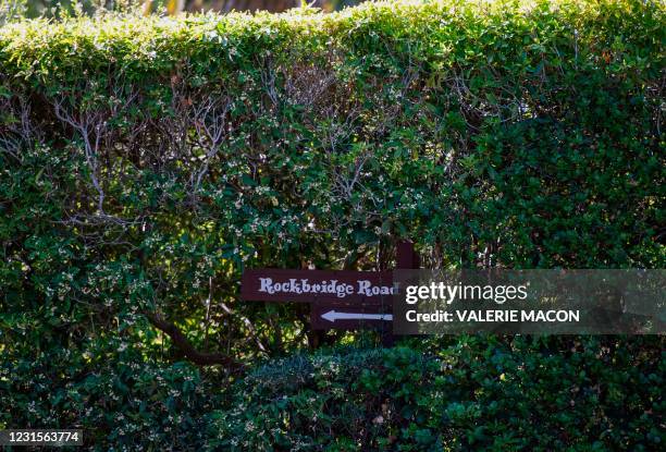 View of the entrance of the Estate and the name of the road where Prince Harry and his wife US actress Meghan Markle have their house, in Montecito,...