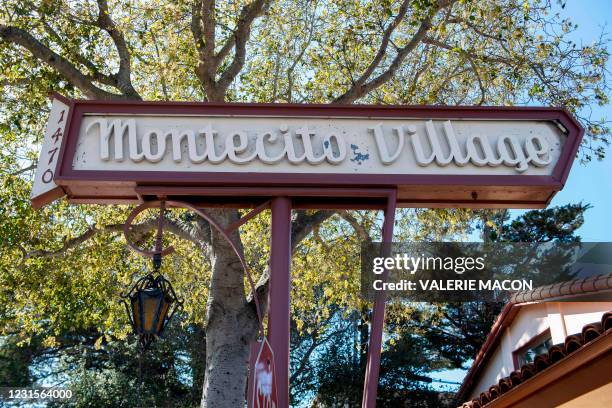 View of the Montecito Village sign, in Montecito, California on March 6, 2021. - Prince Harry and Meghan Markle headed to California and relocated in...