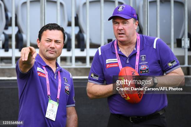 Peter Bell and Trent Cooper of the Dockers chat during the 2021 AFLW Round 06 match between the West Coast Eagles and the Fremantle Dockers at Optus...