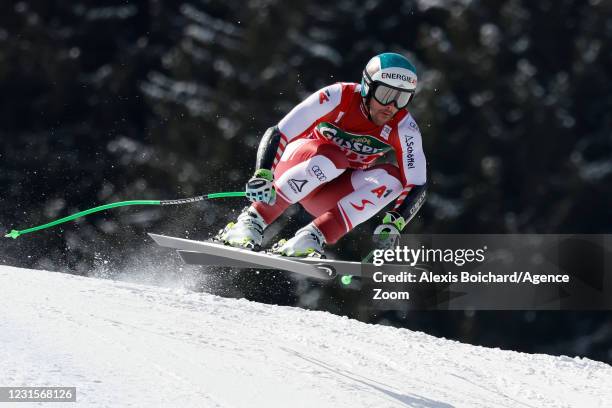 Vincent Kriechmayr of Austria in action during the Audi FIS Alpine Ski World Cup Men's Super Giant Slalom on March 7, 2021 in Saalbach Austria.