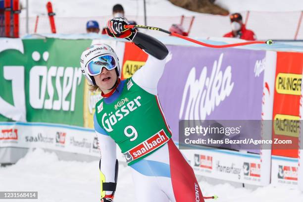 Marco Odermatt of Switzerland celebrates during the Audi FIS Alpine Ski World Cup Men's Super Giant Slalom on March 7, 2021 in Saalbach Austria.