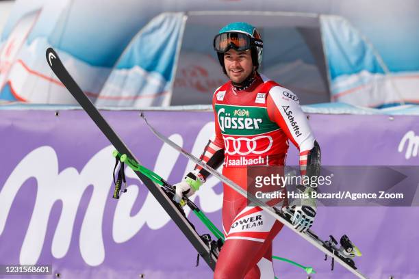 Vincent Kriechmayr of Austria celebrates during the Audi FIS Alpine Ski World Cup Men's Super Giant Slalom on March 7, 2021 in Saalbach Austria.