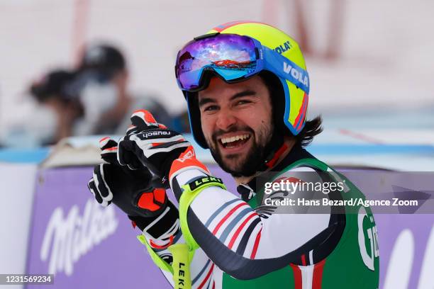 Matthieu Bailet of France celebrates during the Audi FIS Alpine Ski World Cup Men's Super Giant Slalom on March 7, 2021 in Saalbach Austria.