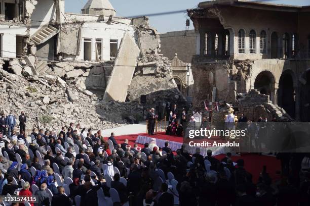 Pope Francis attends the ceremony at Church Square of Hosh al-Bieaa in Mosul, Iraq on March 7, 2021.