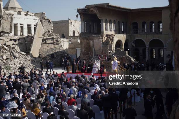 Pope Francis attends the ceremony at Church Square of Hosh al-Bieaa in Mosul, Iraq on March 7, 2021.