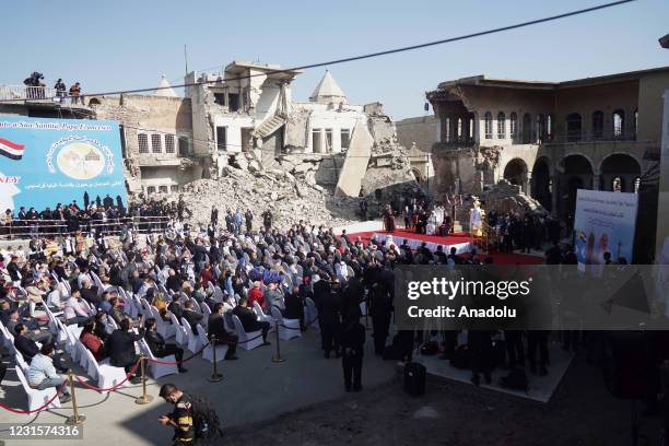 Pope Francis attends the ceremony at Church Square of Hosh al-Bieaa in Mosul, Iraq on March 7, 2021.