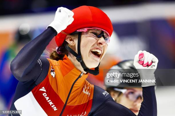 Netherlands Suzanne Schulting reacts after winning the 1000 meters final on the final day of the ISU World Short Track Speed Skating Championships at...