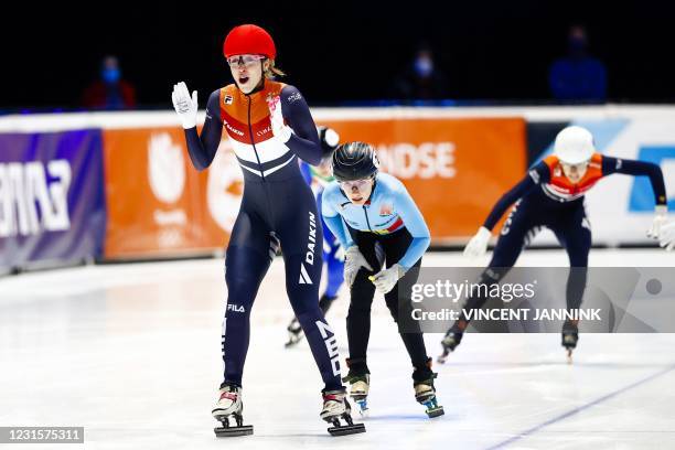 Netherlands Suzanne Schulting reacts after winning the 1000 meters final on the final day of the ISU World Short Track Speed Skating Championships at...