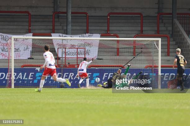 Mouscron, Belgium goal for Mouscron scored by Fabrice Olinga forward of Mouscron during the Jupiler Pro League match between Royal Excel Mouscron and...