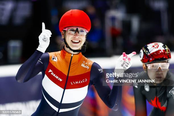 Netherlands Suzanne Schulting reacts after winning the 3000 meters final on the final day of the ISU World Short Track Speed Skating Championships at...