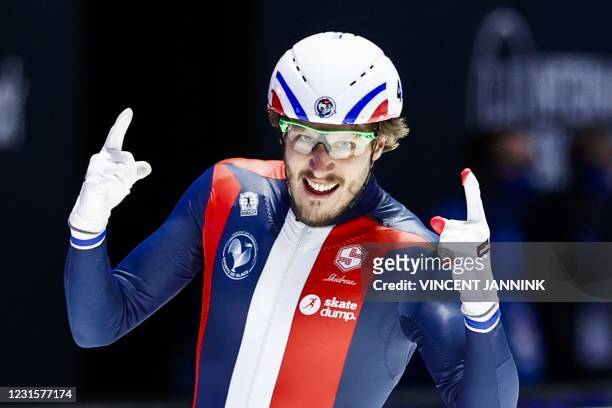 France's Sebastien Lepape reacts after winning in the super final 5000 meters on the last day of the ISU World Short Track Speed Skating...