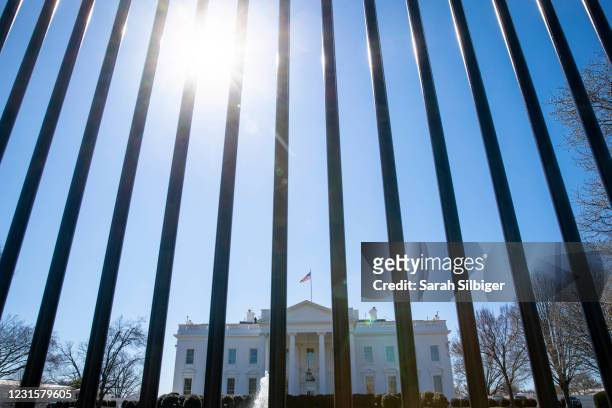 The exterior of the White House is seen from outside the security fencing on March 7, 2021 in Washington, DC. President Joe Biden delivered remarks...