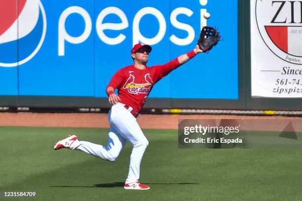 Lane Thomas of the St. Louis Cardinals catches a line drive during the Spring Training game against the Houston Astros at Roger Dean Chevrolet...