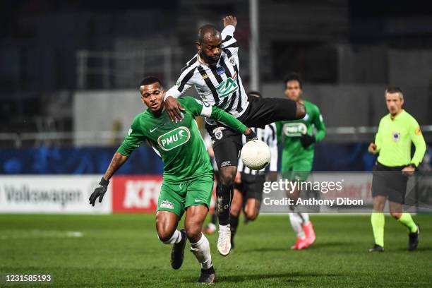 Sebastien LEPEL of Club Franciscain and Stephane BAHOKEN of Angers during the French cup match between Angers and Club Franciscain at Stade Raymond...