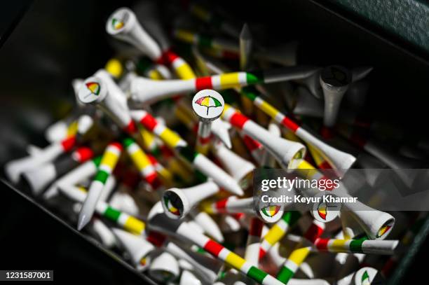 Arnold Palmer umbrella logo tees sit in box on the first hole during the final round of the Arnold Palmer Invitational presented by MasterCard at Bay...