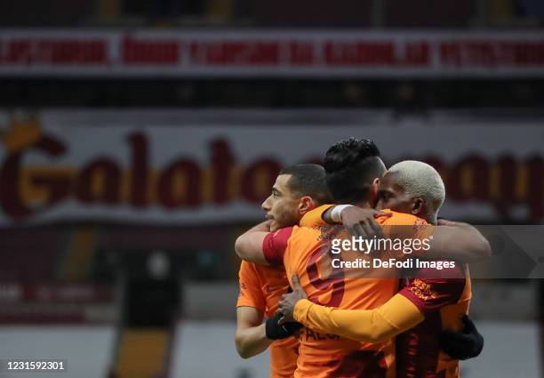 Henry Onyekuru, Radamel Falcao and Younes Belhandaof Galatasaray celebrate during the Super Lig match between Galatasaray and Sivasspor on March 7,...