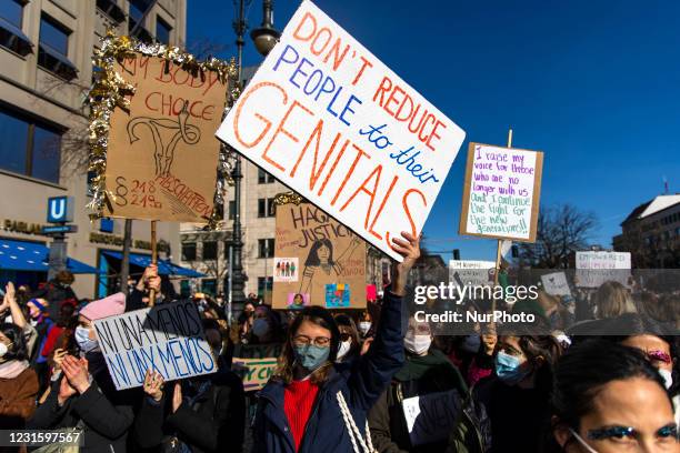 People attend a demonstration during the International Women's Day in Berlin, Germany on March 8, 2021. A few thousands of people, in particular...