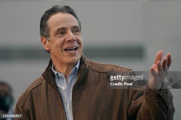 New York Gov. Andrew Cuomo speaks at a vaccination site at the Jacob K. Javits Convention Center on March 8, 2021 in New York City. Cuomo has been...