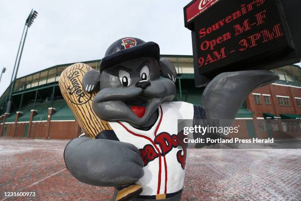 The statue of Slugger stands outside Hadlock Field on Friday.