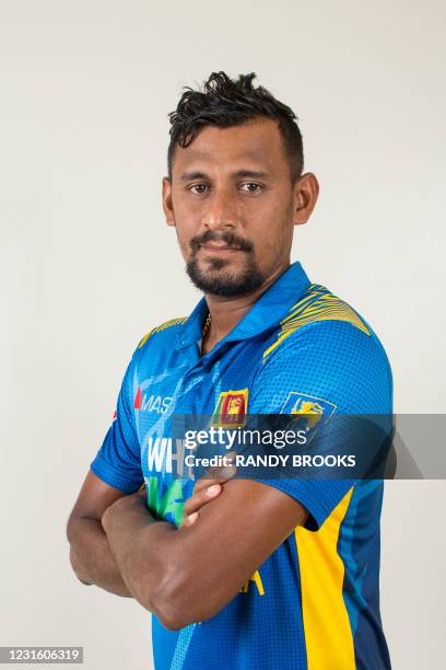 Suranga Lakmal of Sri Lanka poses for a portrait in Long Bay, St. Phillip, Willikies, Antigua and Barbuda, on March 8, 2021.