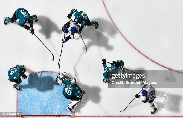 An overhead view as Devan Dubnyk of the San Jose Sharks prepares to make a save against Kyle Clifford of the St Louis Blues at SAP Center on March 8,...