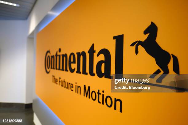 Logo in the Continental AG headquarters in Hanover, Germany, on Tuesday, March 9, 2021. Continental said profitability will be held back this year by...