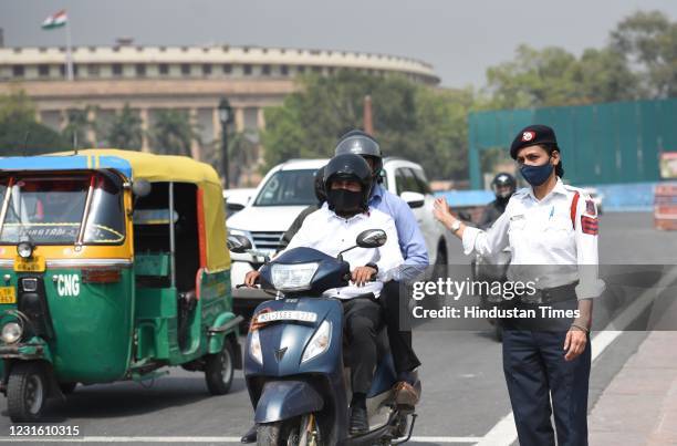 Delhi traffic police personnel on duty outside the Parliament House on the occasion of International Womens Day, on March 8, 2021 in New Delhi, India.