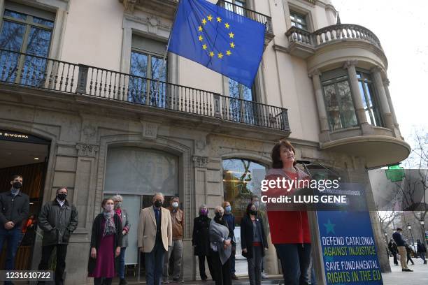 Elisenda Paluzie, president of the Catalan National Assembly gives a press conference in front of the European Commission headquarters in Barcelona...